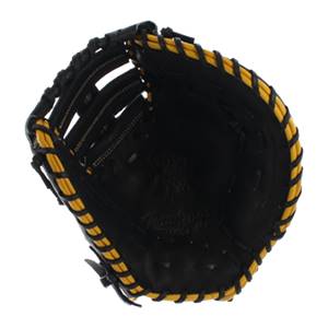 Top-down view of a black first base mitt with yellow lacing and Rawlings branding.