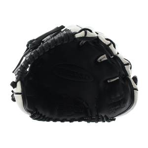 Top-down view of a black and white baseball glove with VINCI and Benjamin text.