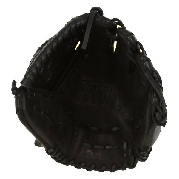 Inside view of a black Mizuno MVP Prime Fastpitch Series glove with embossed MVP and MIZUNO text.
