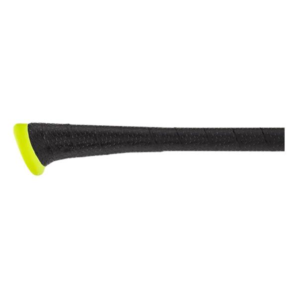 Side view of a black baseball bat with a textured grip and a yellow end cap.