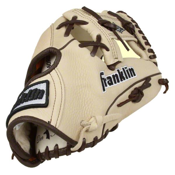 Side view of a tan baseball glove with brown lacing and Franklin branding.