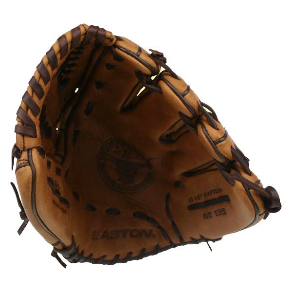 Top-down view of a brown baseball glove with EASTON branding and NE 135 model number.