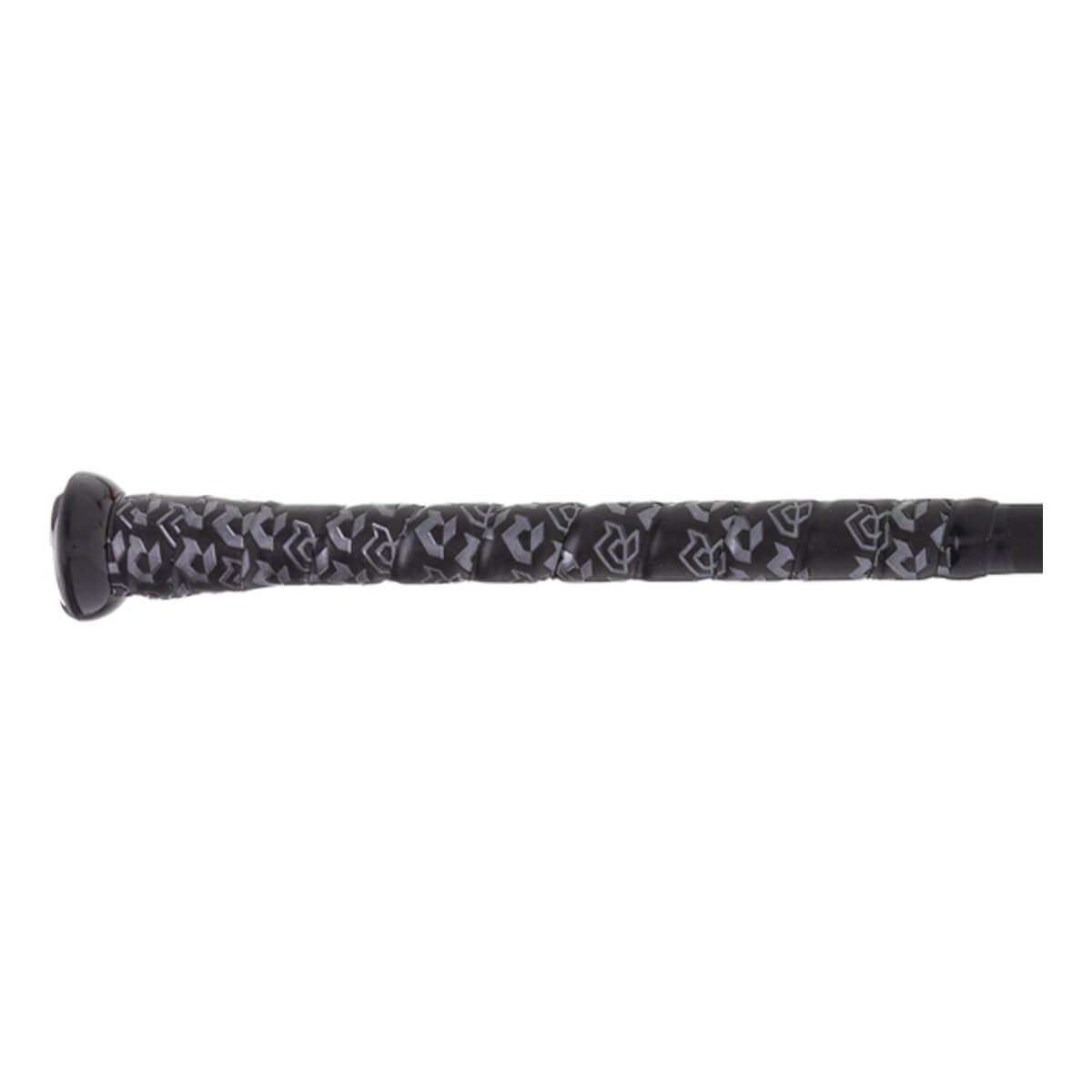 Side view of a black baseball bat with a patterned grip and black end cap.