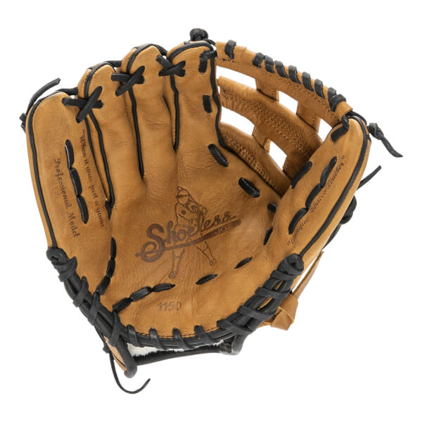 Angled view of a tan baseball glove with black lacing, a basket web, and Shoeless Joe logo on the palm.