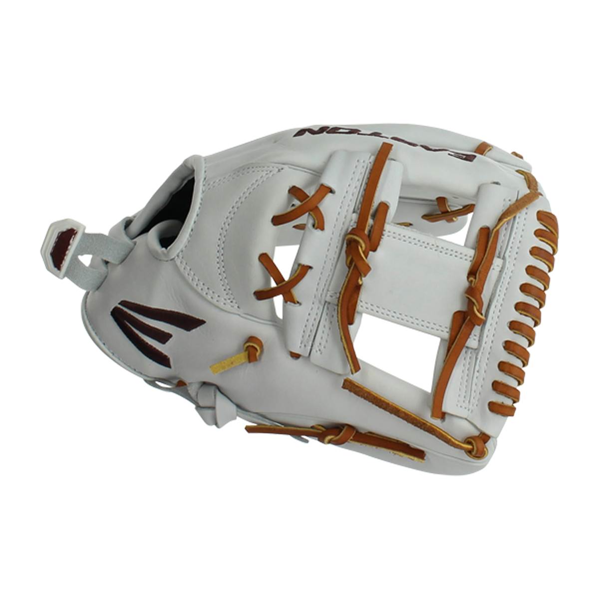 Side view of a white Easton fastpitch softball glove with brown lacing and a maroon Easton logo.
