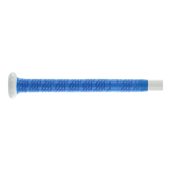 Side view of a white fastpitch softball bat with a blue textured grip.