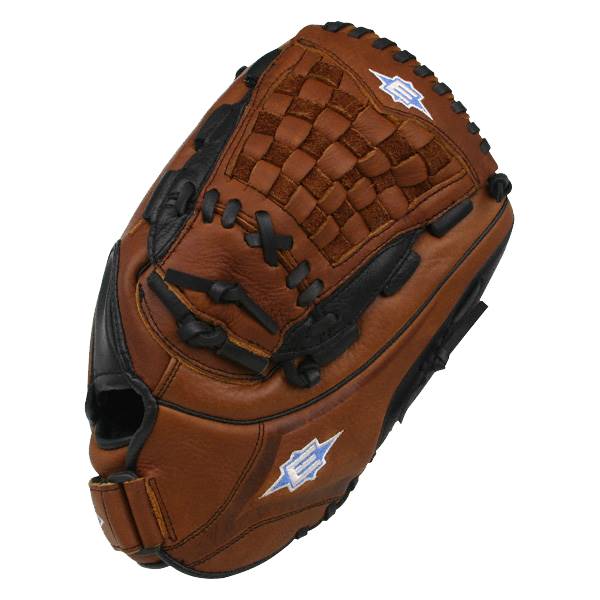 Top-down view of a brown baseball glove with a woven pocket and blue Easton logos.