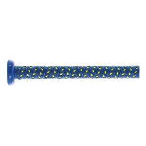 Side view of a blue baseball bat with a blue and yellow patterned grip.