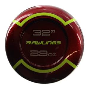 End view of a maroon baseball bat with green accents, showing 32, RAWLINGS, and 29oz..