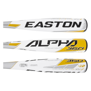 Side view of a white baseball bat with black and yellow EASTON ALPHA 360 text and -10 marking.