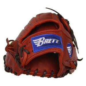 Close-up of a brown baseball glove with a blue BRETT patch and lacing.