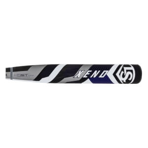 Side view of a black, white, gray, and blue fastpitch softball bat with XENO text, LS logo, and striped pattern.