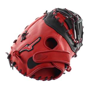 Front view of a red and black first base mitt with a Mizuno logo and adjustable strap.