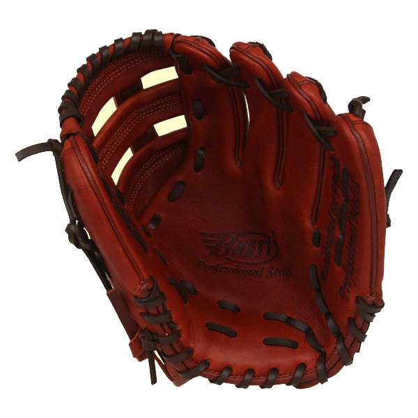 Top-down view of a red baseball glove with a Brett logo and Professional Series text.