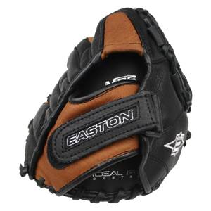 Top-down view of a black and brown baseball glove with EASTON branding and a white logo.