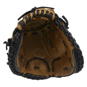 Inside view of a brown catchers mitt with black lacing and F310 visible.