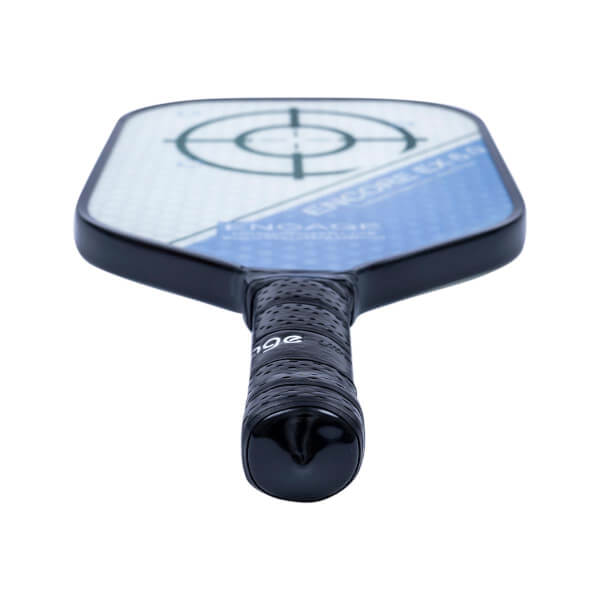 Top-down view of a white and blue pickleball paddle with a target graphic and black grip with engage text.