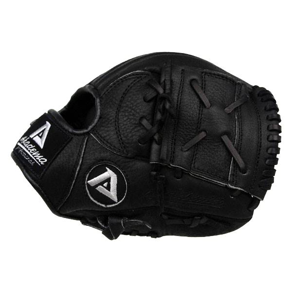 Side view of a black baseball glove with Akadema text and a circular logo.