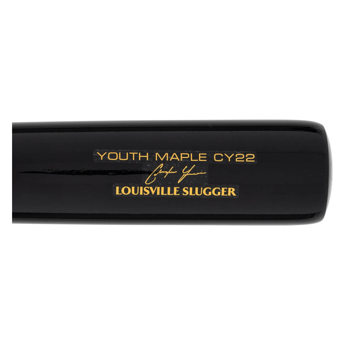 Close-up of a black baseball bat with gold YOUTH MAPLE CY22 text, a signature, and LOUISVILLE SLUGGER branding.