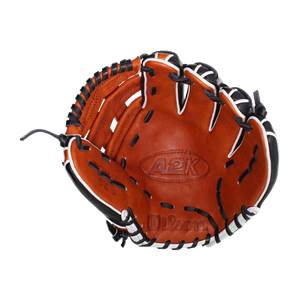 Top-down view of a brown baseball glove with A2K and Wilson branding.