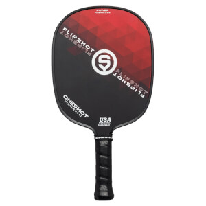 Front view of a black pickleball paddle with red geometric design, FLIPSHOT text, and USA PICKLEBALL APPROVED label.