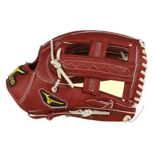 Side view of a red baseball glove with white stitching and a yellow Mizuno logo.