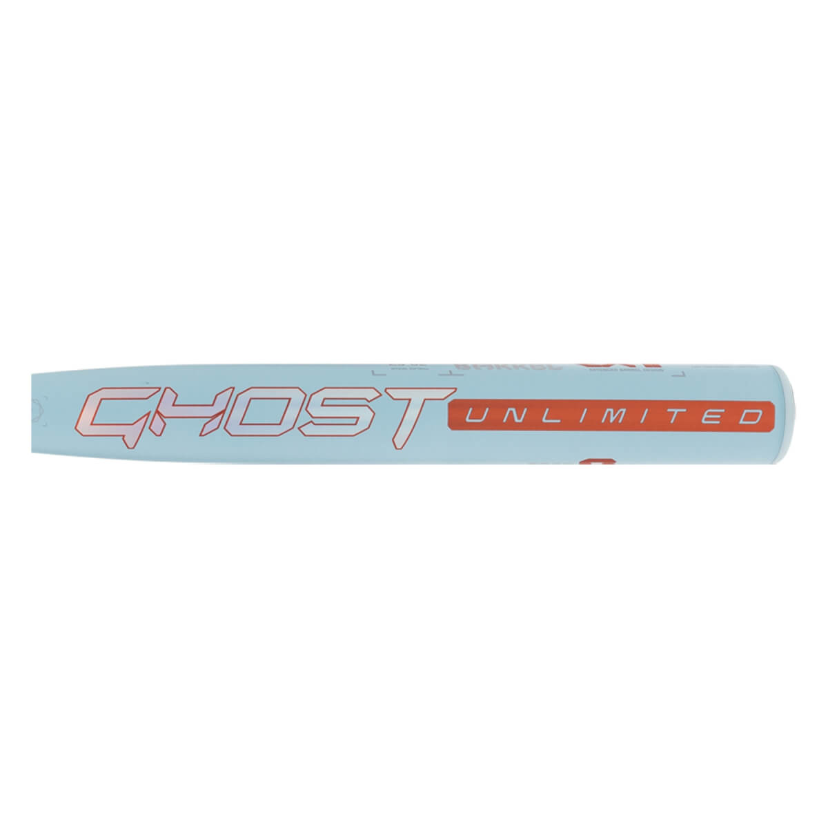 Side view of a light blue fastpitch softball bat with GHOST in large outlined red text and UNLIMITED in solid red letters.