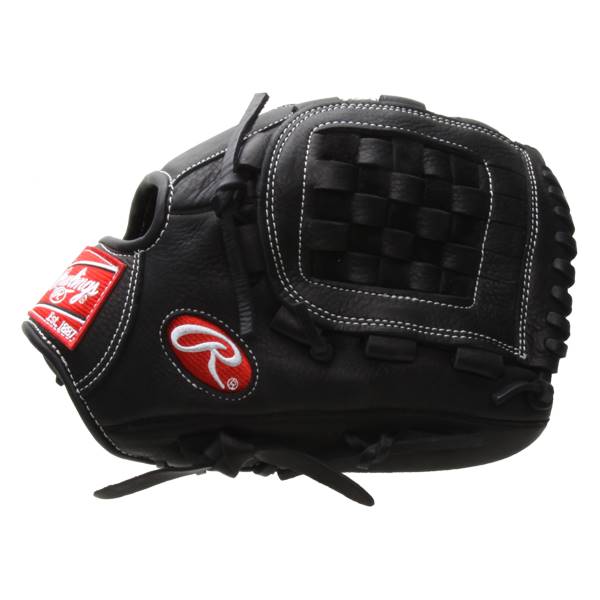 Side view of a black baseball glove with white stitching, a woven pocket, and Rawlings branding.