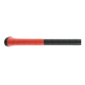 Side view of a black and red baseball bat with a textured grip.
