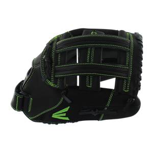 Side view of a black Easton Synergy softball glove with neon green stitching and a large V logo.