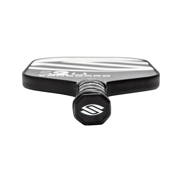 Bottom view of a black pickleball paddle with white diagonal stripes and an S logo on the grip.