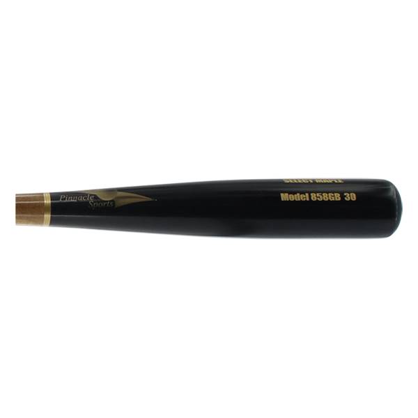 Side view of a black baseball bat with gold Pinnacle Sports logo and Model 858GB 30 text.
