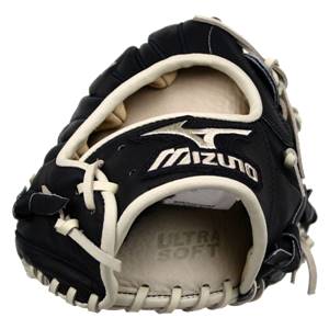 Top-down view of a black baseball glove with white Mizuno logo and ULTRA SOFT text.