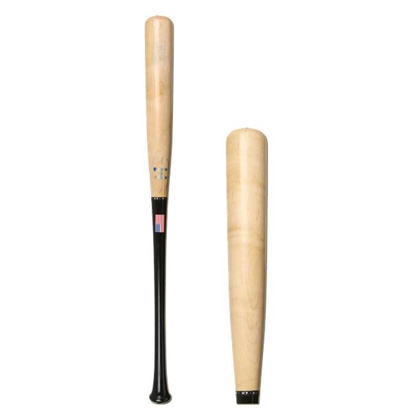 Front view of a black and natural wood baseball bat with an American flag decal and SM013 branding.