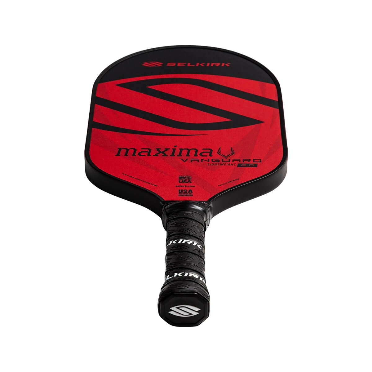 Top-down view of a red and black pickleball paddle with maxima and VANGUARD text and a black grip.