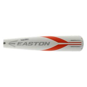 Side view of a white baseball bat with orange accents and EASTON logo.