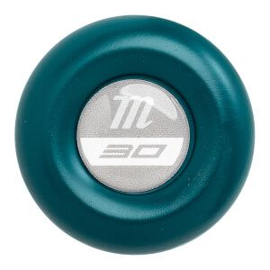 Top-down view of a teal baseball bat end cap with a white circular logo featuring an m and 30.