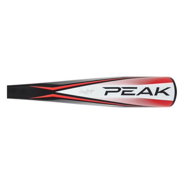 Side view of a black baseball bat with red and white PEAK branding and Rawlings logo.