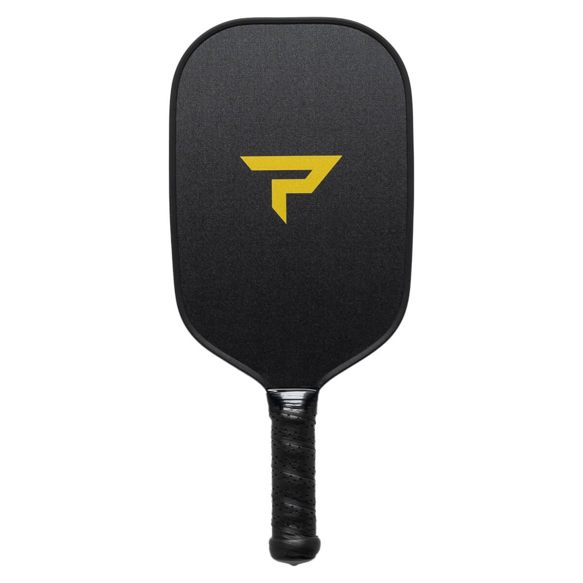 Front view of a black pickleball paddle with a yellow P logo and black grip.