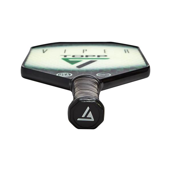 Top-down view of a black pickleball paddle with a white surface, green TOPP logo, and a black grip.