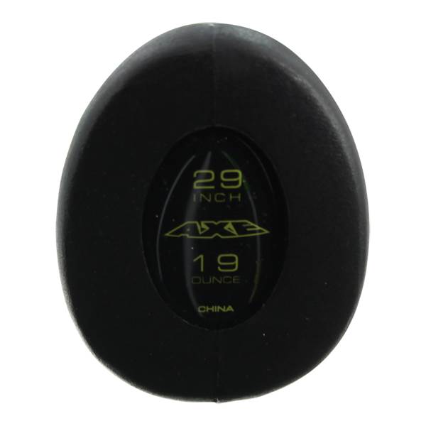 End cap view of a black baseball bat with 29 INCH, AXE, 19 OUNCE, and CHINA text.