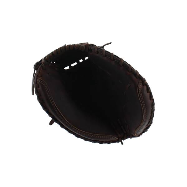 Top-down view of a brown catchers mitt with stitched lacing and an open pocket.
