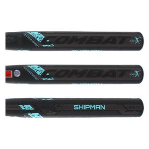 Side view of a black softball bat with COMBAT and SHIPMAN text and blue graphics.
