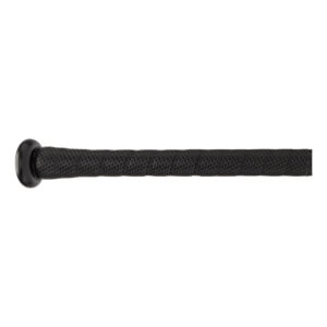 Side view of a black baseball bat with a textured grip and black end cap.