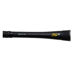 Side view of a black baseball bat with yellow S2 logo and Easton branding.