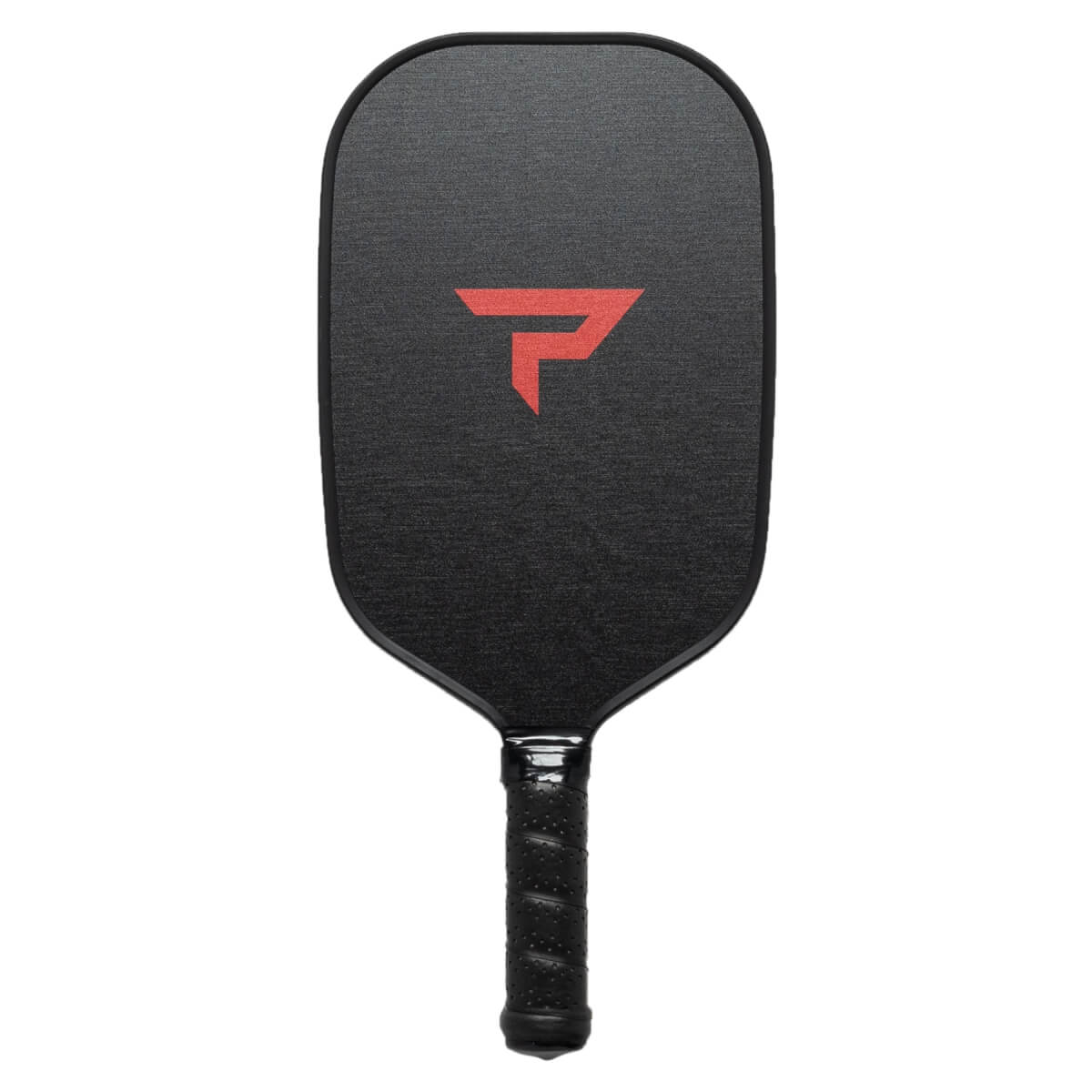 Front view of a black pickleball paddle with a red P logo and textured surface.