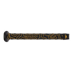 Side view of a black baseball bat with a yellow geometric grip pattern and a black end cap.