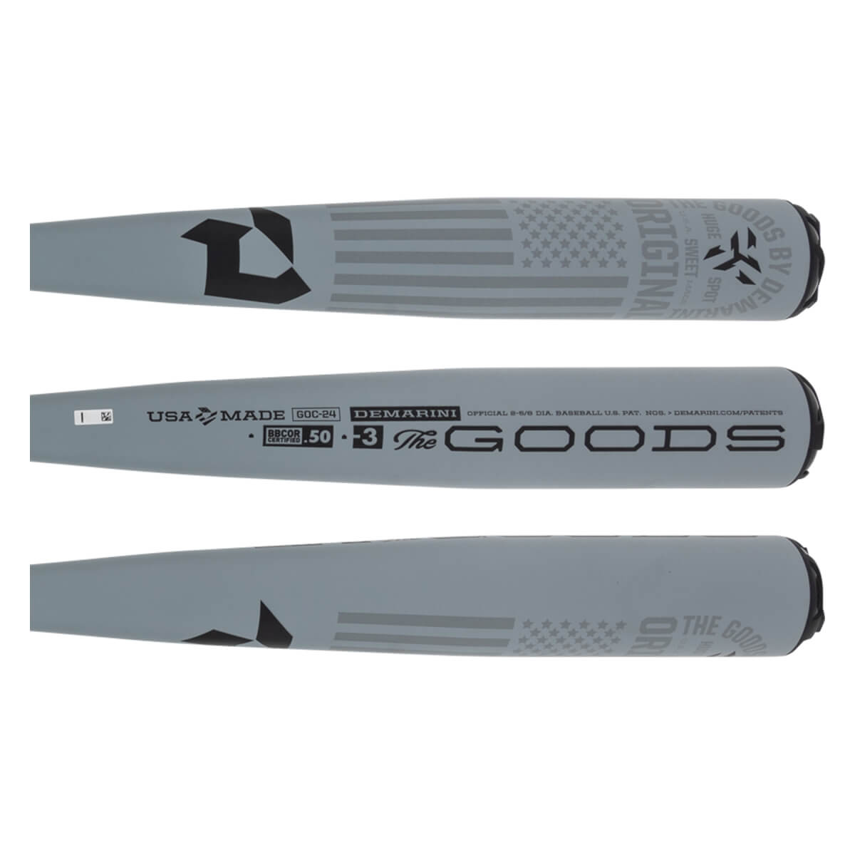Side view of a gray baseball bat with DEMARINI The GOODS text and an American flag graphic.