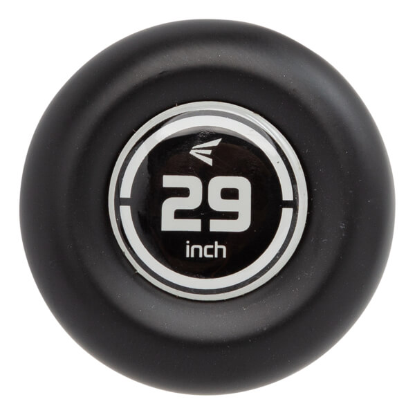 Top-down view of a black baseball bat end cap with a white circle logo displaying 29 inch and the Easton logo.