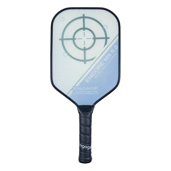 Front view of a white and blue pickleball paddle with a target design, ENCORE MX 6.0, and ENGAGE text.